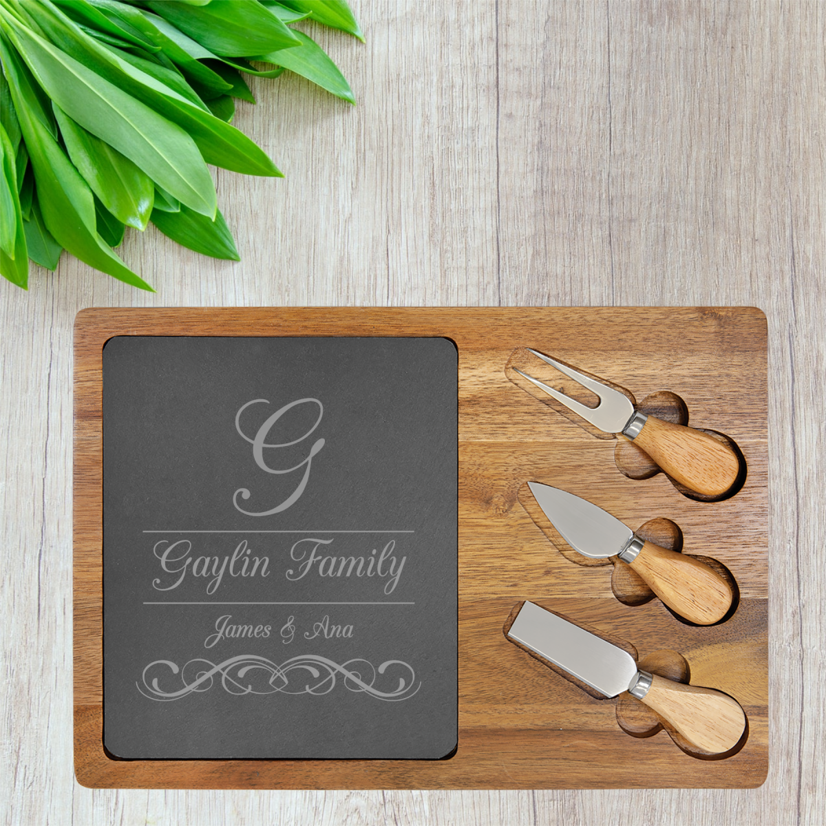 Acacia Wood/Slate Rectangular Cheese Set with Three (3) Tools (087SLT)