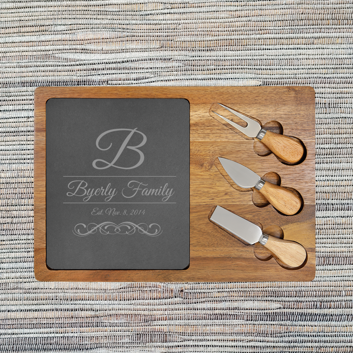 Acacia Wood/Slate Rectangular Cheese Set with Three (3) Tools (087SLT) - Image 4