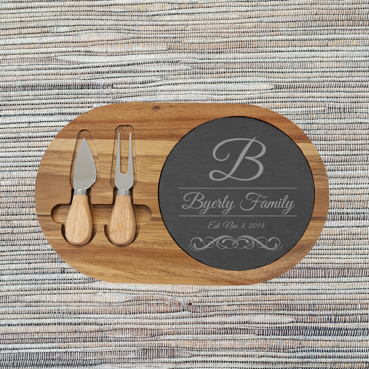 Acacia Wood/Slate Oval Cheese Set with Two (2) Tools (088SLT) - Image 2