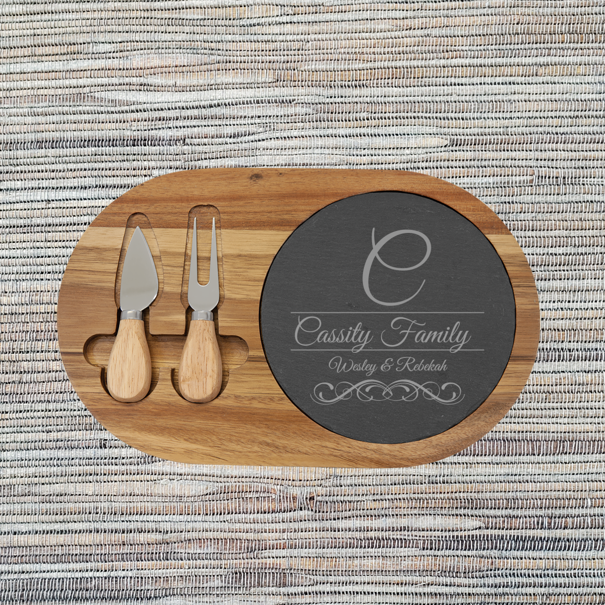 Acacia Wood/Slate Oval Cheese Set with Two (2) Tools (088SLT) - Image 8