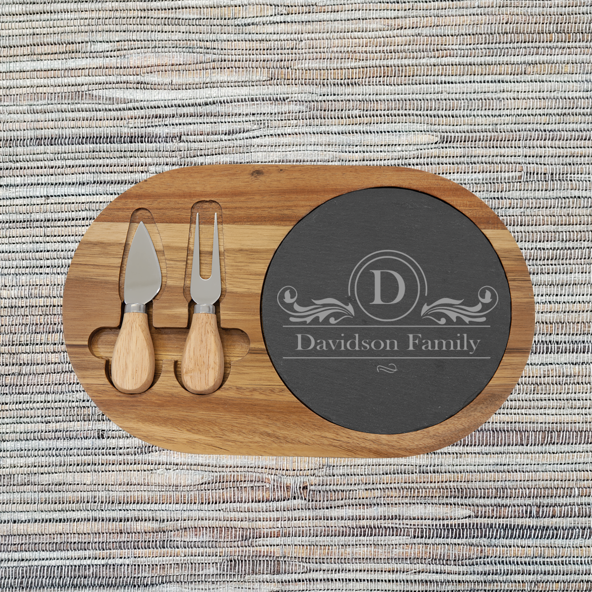 Acacia Wood/Slate Oval Cheese Set with Two (2) Tools (088SLT) - Image 7