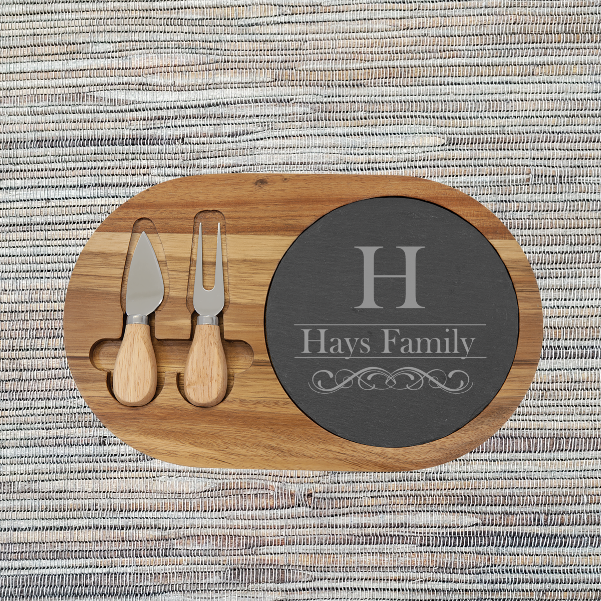 Acacia Wood/Slate Oval Cheese Set with Two (2) Tools (088SLT) - Image 6