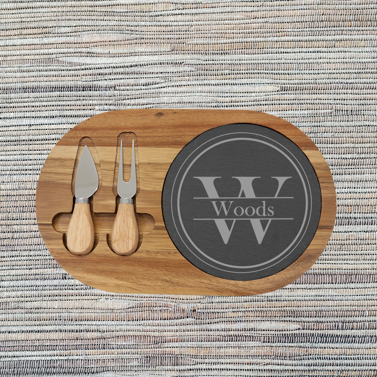 Acacia Wood/Slate Oval Cheese Set with Two (2) Tools (088SLT) - Image 3