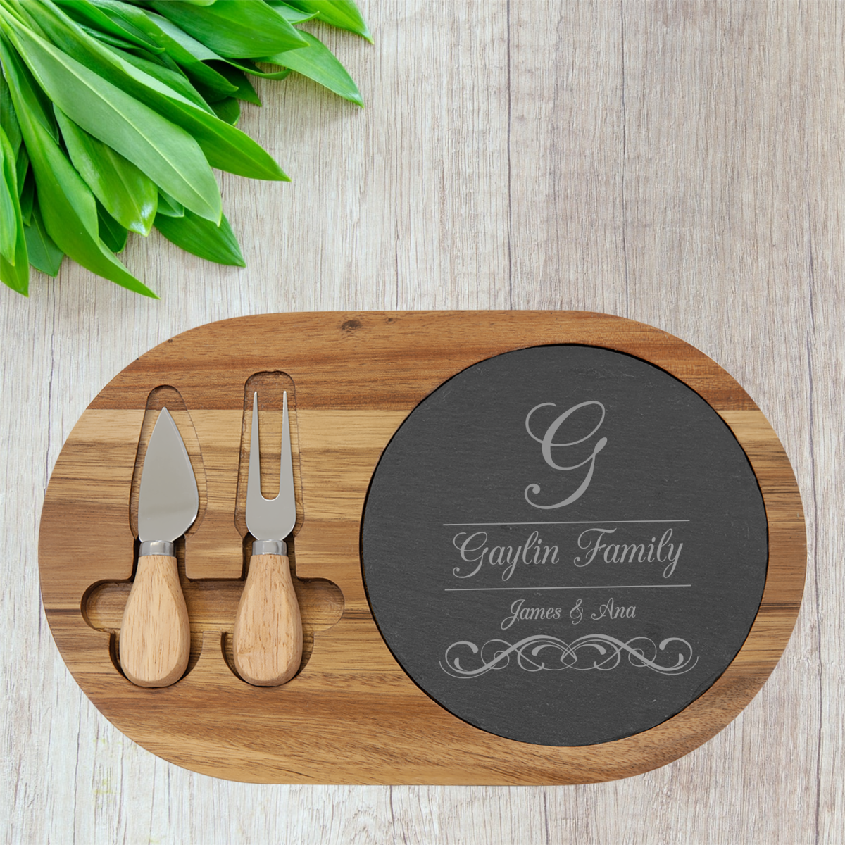 Acacia Wood/Slate Oval Cheese Set with Two (2) Tools (088SLT)